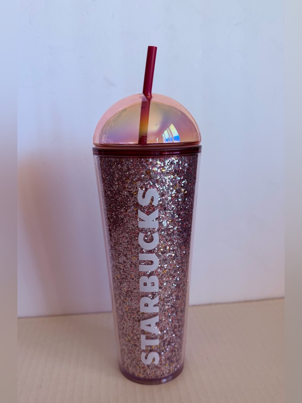 Starbucks Pink Glitter Iridescent Dome Tumbler with Straw